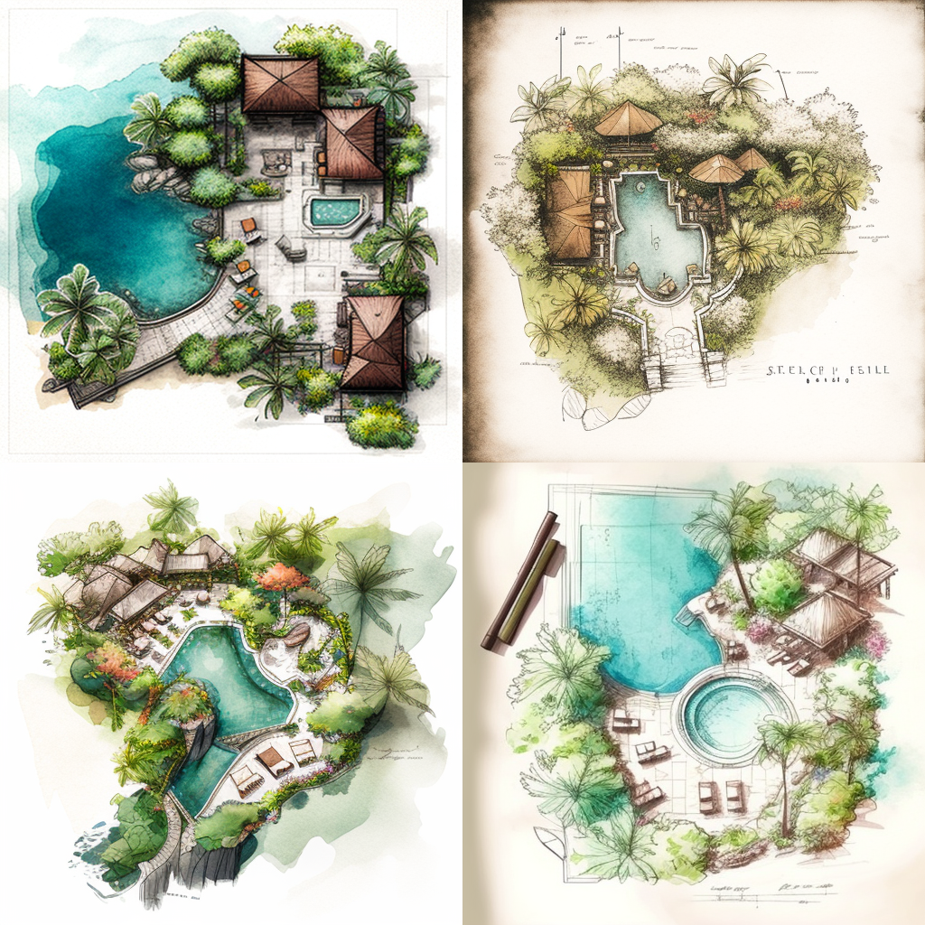 Mid-Journey Sketch Concept of a Seychelles Resort Pool Area