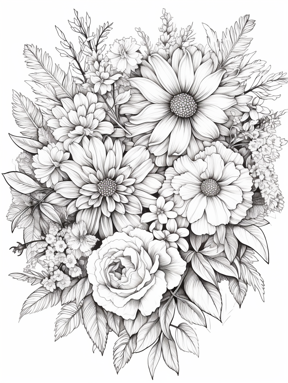 Mid-Trip Floral Coloring Page - White Background (AR 3:4)