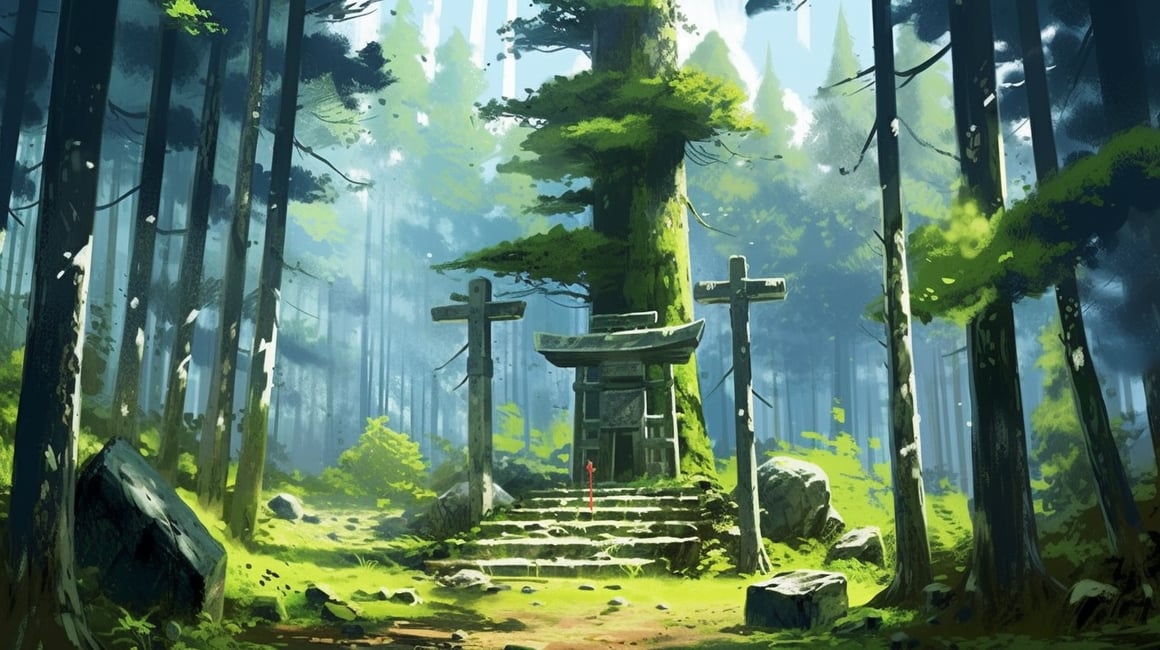 Summer Tranquility: A Mossy Shrine Amidst the Pines