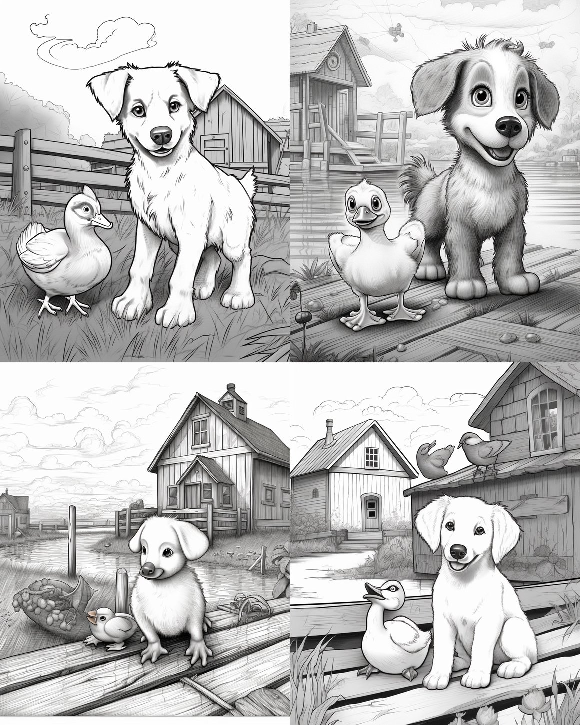 Farmyard Frolics: Baby Dog and Duck Playtime Coloring Page