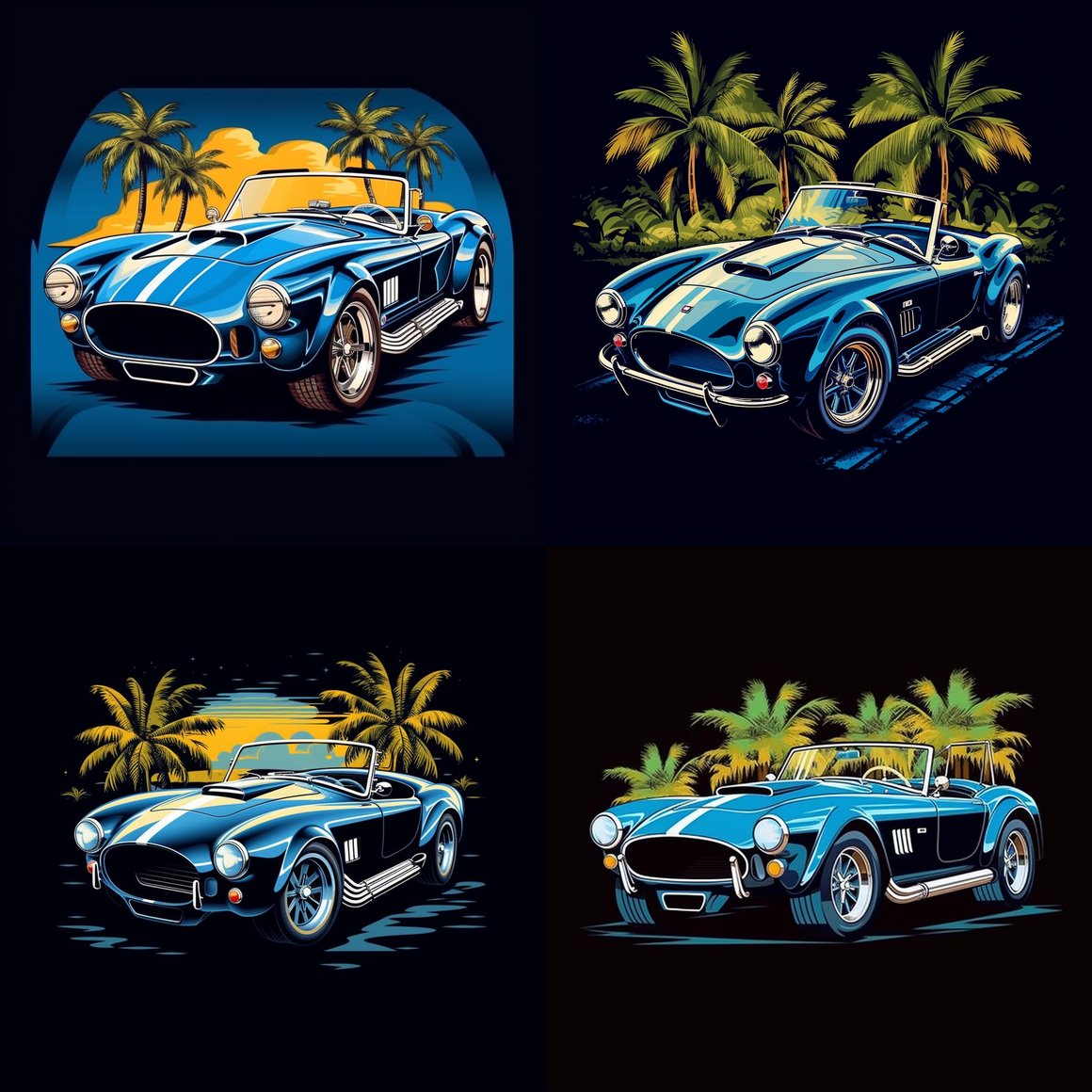 Retro Shelby Cobra Convertible and Coastal Scenery Vector T-Shirt Design Mid-Journey Prompt