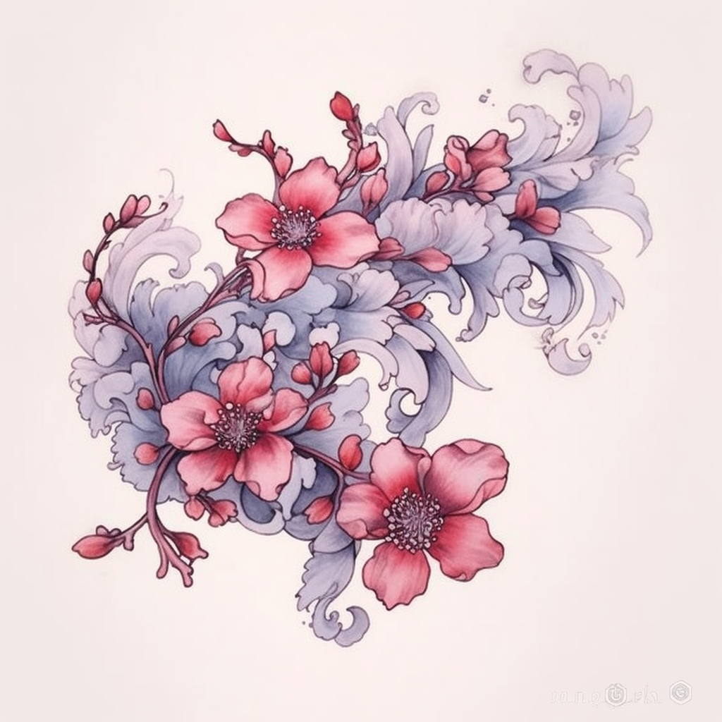 Baroque Sakura Blossom Tattoo Design in Watercolor Outline