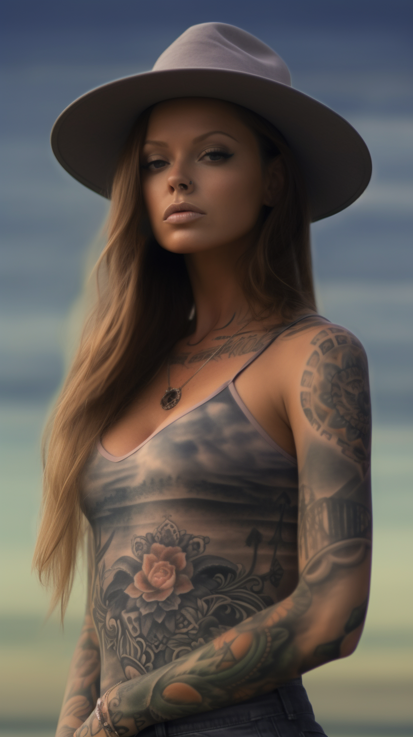 Sun-Kissed Tattooed Beauty: A Mid-Journey Portrait