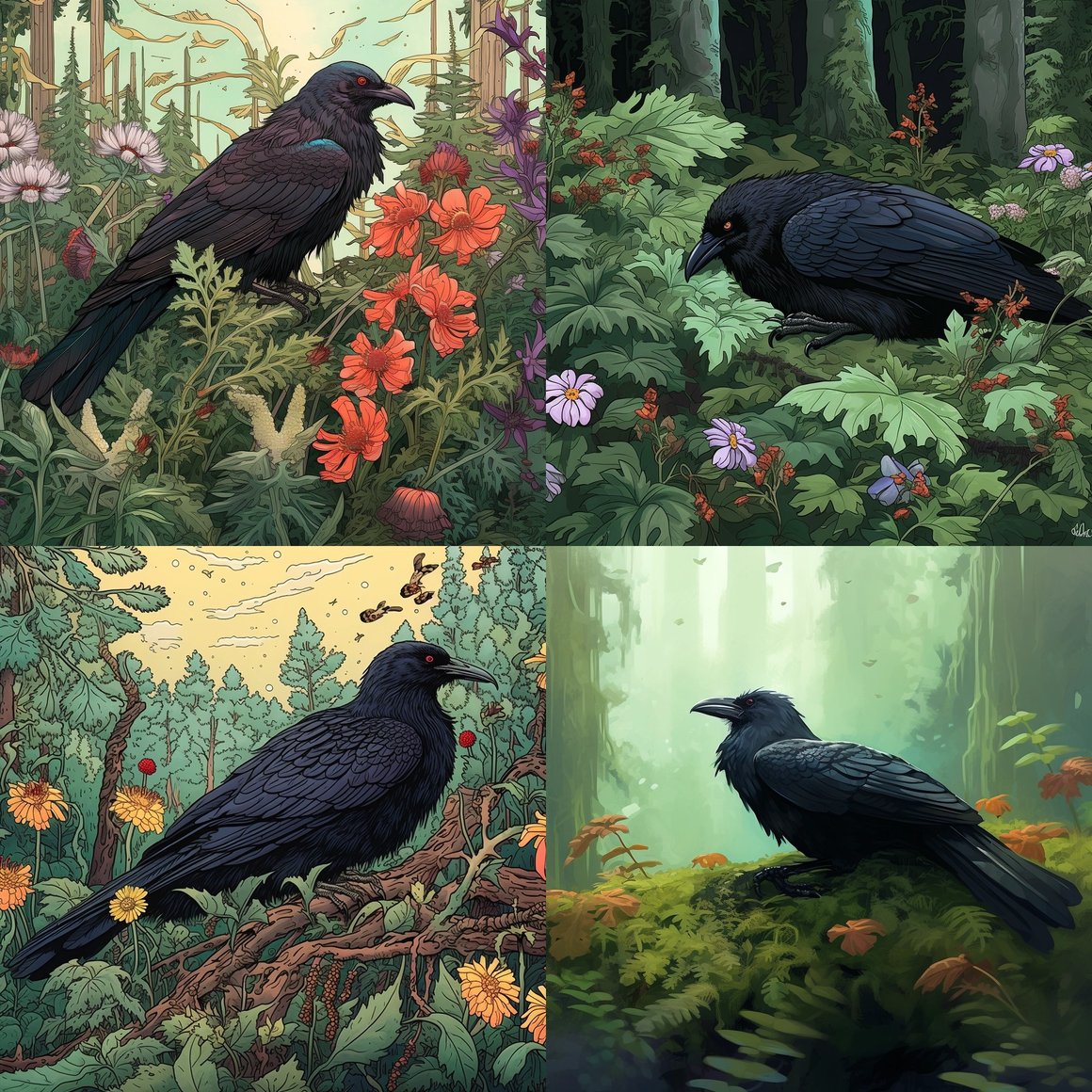 Hawk, Crow, and Hummingbird in Verdant Forest Mid-Journey Scenery