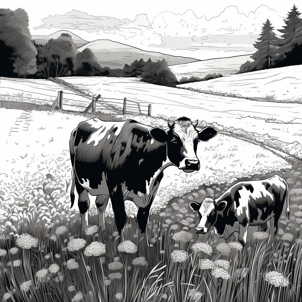 Detailed Line Art of Grazing Cows