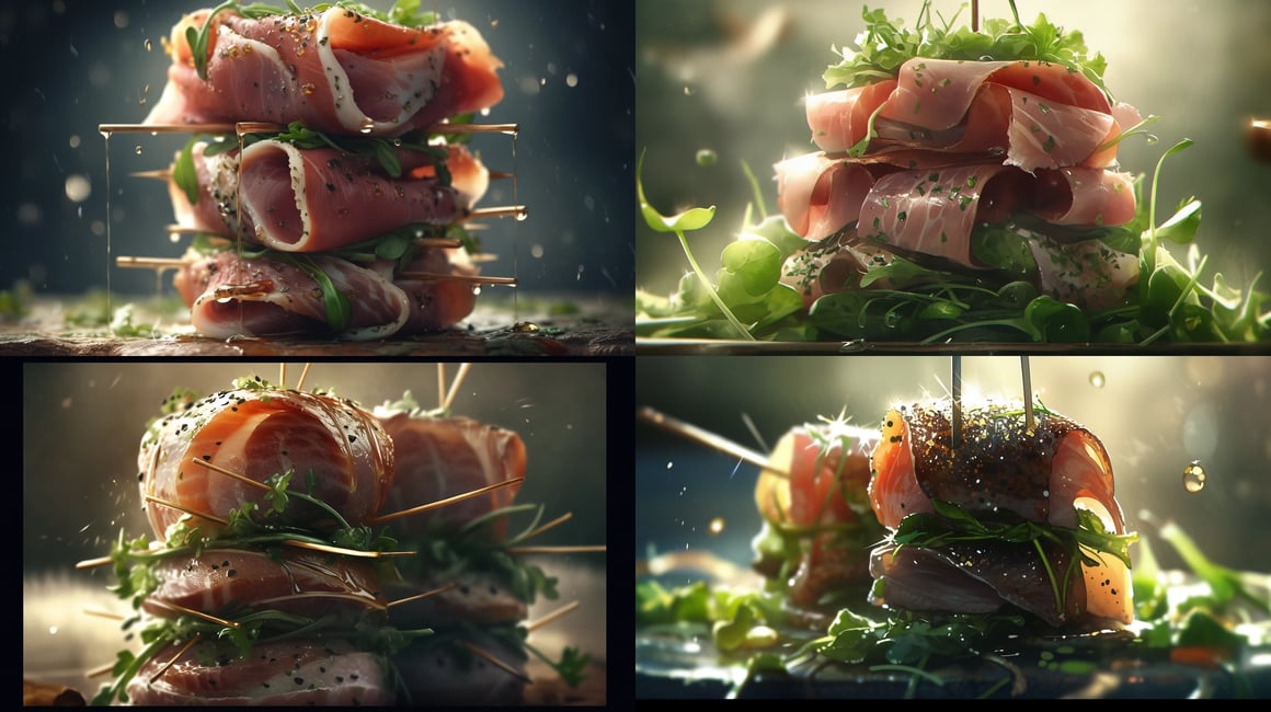 Cinematic Macro Photography of Duck Ham and Arugula Skewer