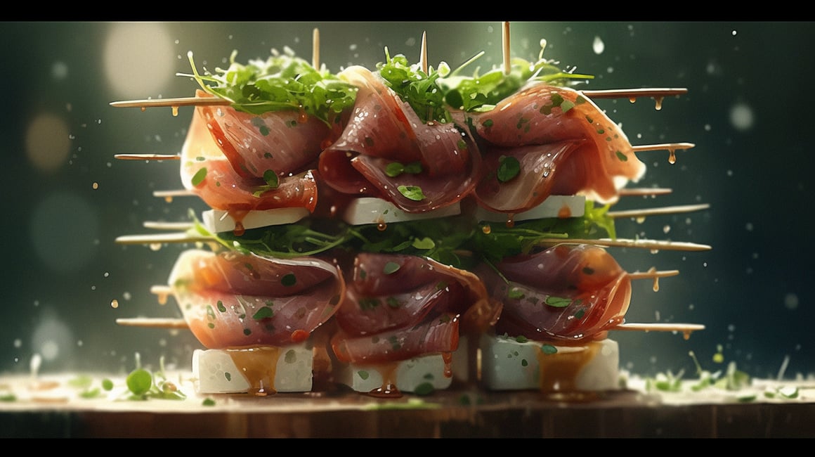 Cinematic Macro Photography of Duck Ham and Arugula Skewer