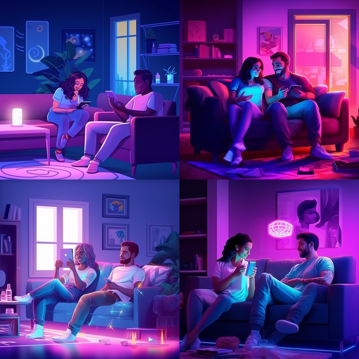 Neon-Lit Relaxation: A Couple's Mid-Journey Rest