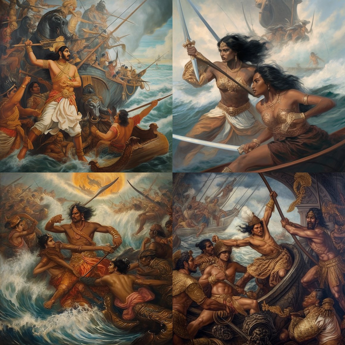 Chola and Khmer Warriors in the Srivijaya Conflict - A Historical East Asian Painting