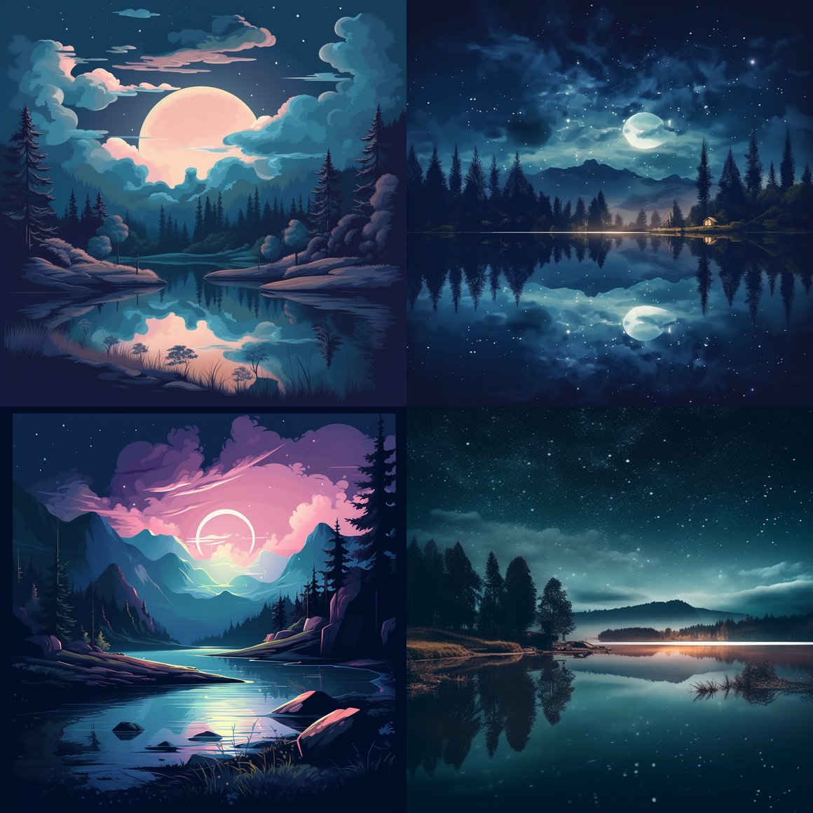 Retro Nocturnal Odyssey: Bluish Glow Lake Vista in 8K