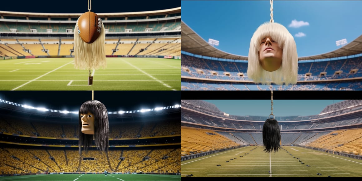 A Surrealist Mullet Wig in Empty Stadium