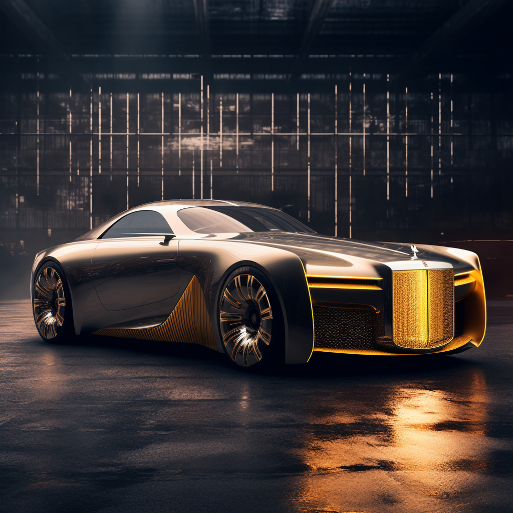 Mid-Journey Glance at 2024 Rolls-Royce Spectre Electric 2090's Golden competition design schematics