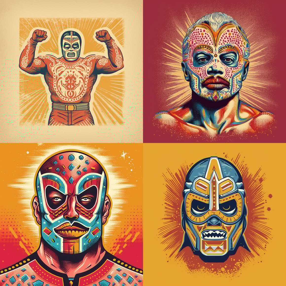 Retro Mexican Wrestler T-Shirt Design with Modern Authentic Colors in Dot Matrix Screen Printing