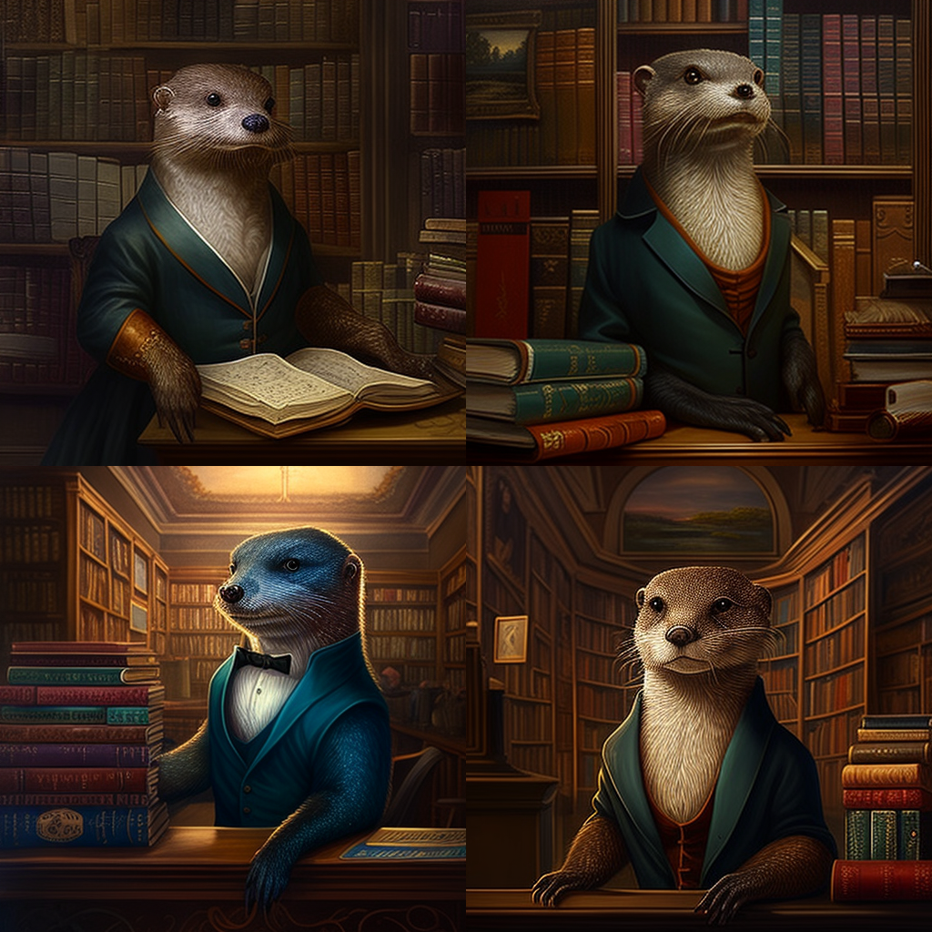A Surrealist Otter's Library Encounter through the Brushstrokes of Iconic Artists