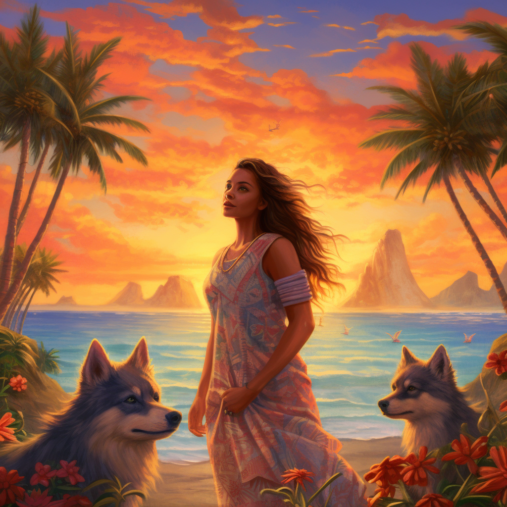 A Tropical Vista of a Goddess and her Pomskies