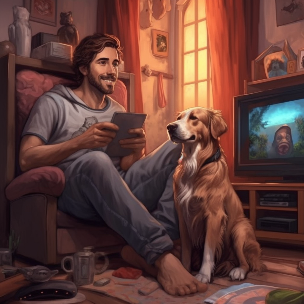 A Tranquil Scene of Man, Dog, and TV in 4K HD
