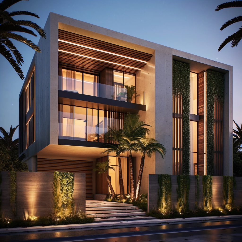 A Super Realistic, Minimalistic Design with Palm Trees and Pool, Enhanced by Stone Cladding