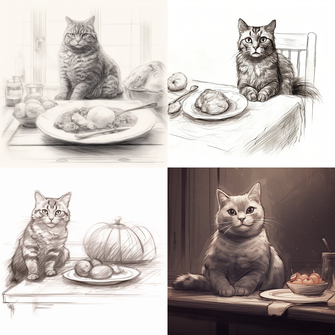Happy Cat with Grilled Chicken: Mid-Journey Drawing