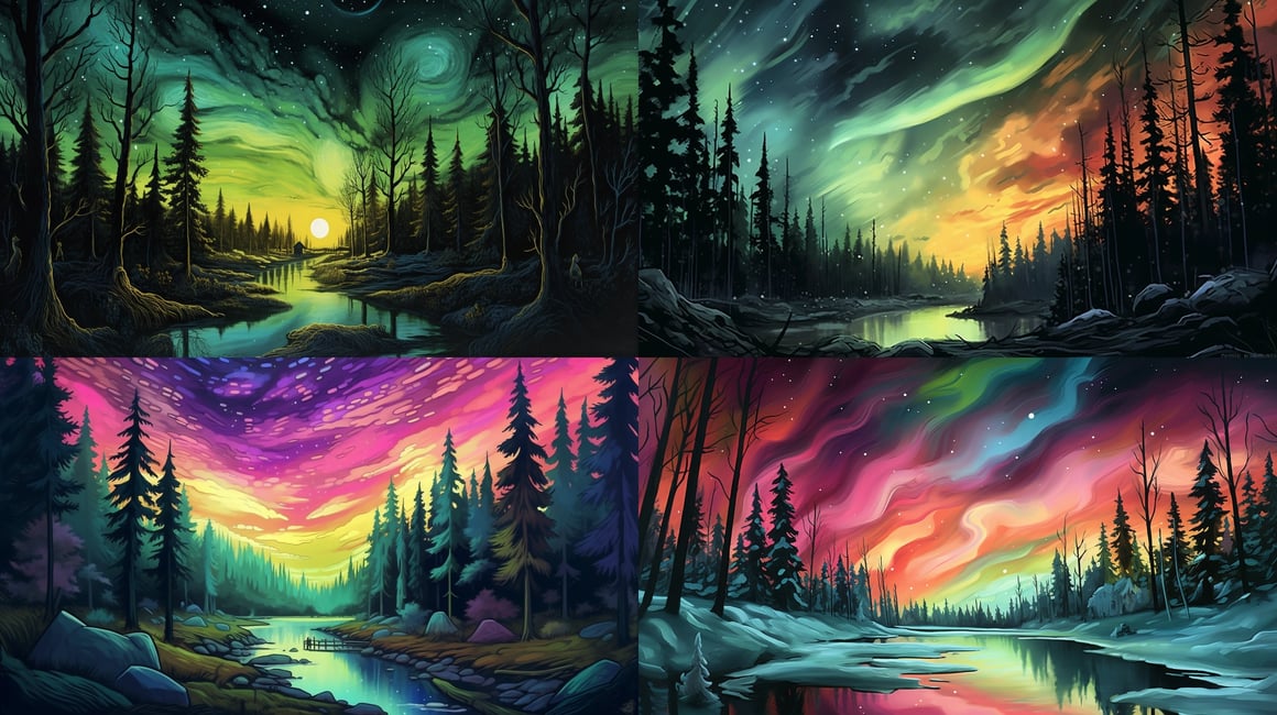 Hand-Drawn Twilight Forest: Aurora Journey