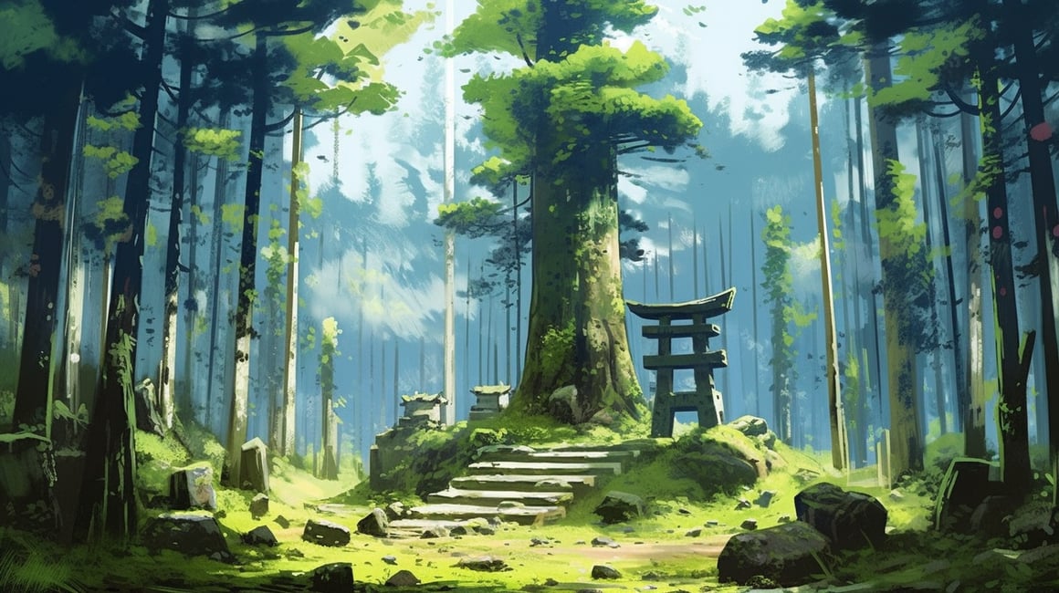 Summer Tranquility: A Mossy Shrine Amidst the Pines
