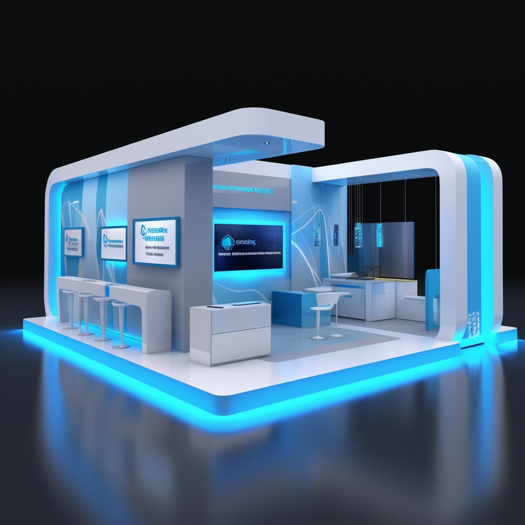 Futuristic Blue-Themed Booth Design with High-Tech Features