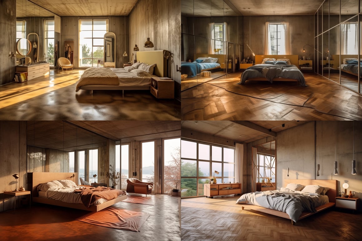 Neo-Concrete, Kintsugi and De Stijl Bedroom Design Layout - AR 356:237 Mid-Journey