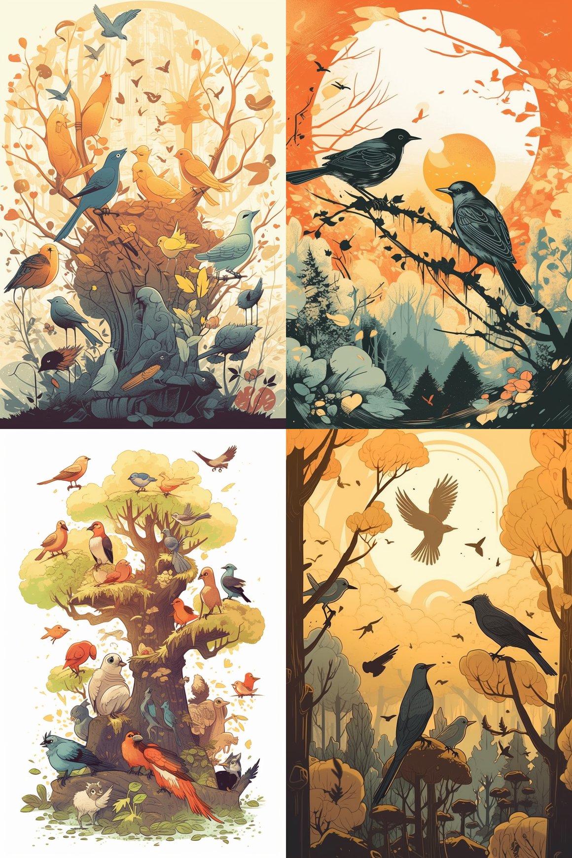 A Sun-Drenched Woodland Scene with Birds in the Style of Maurice Sendak and Michael Kaluta