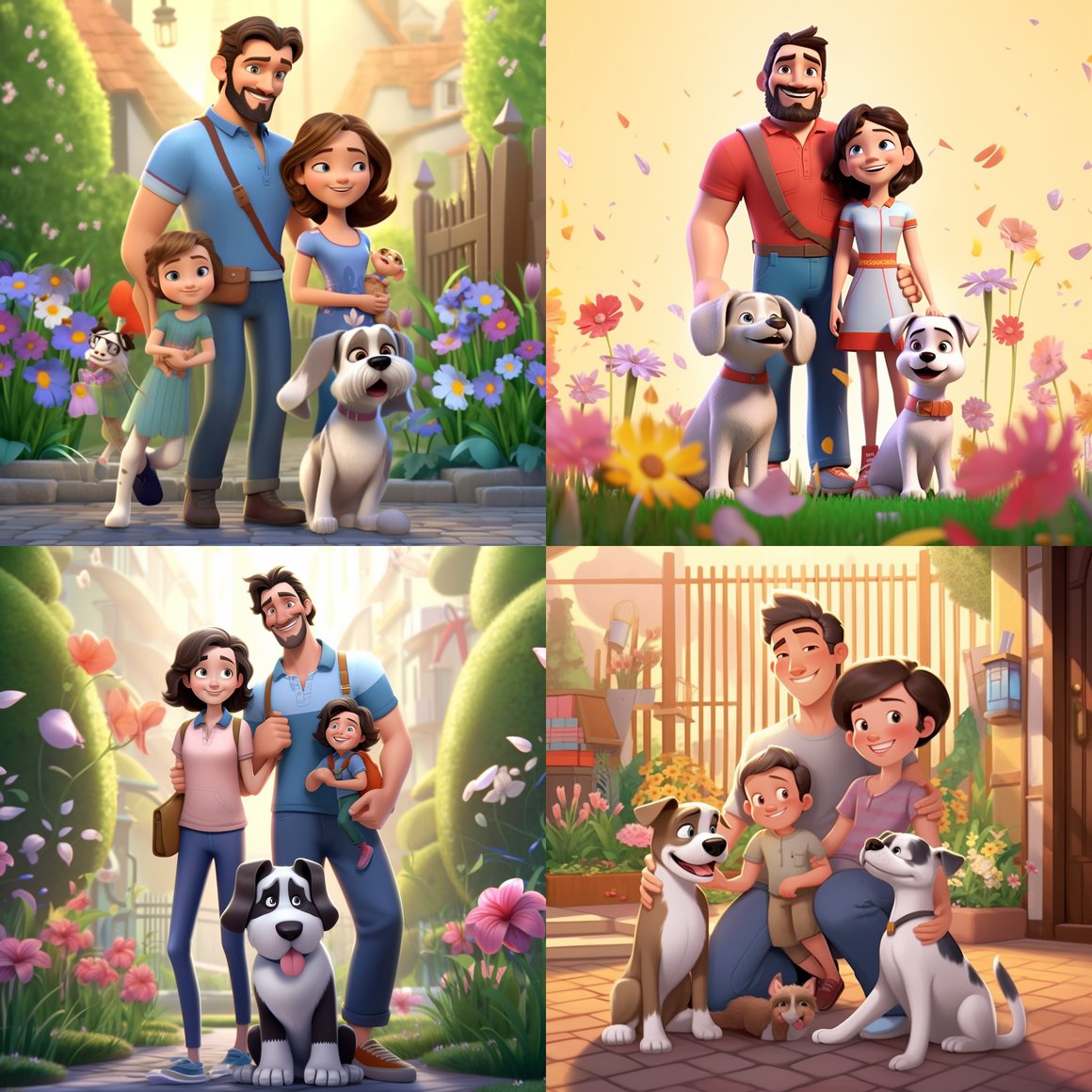 Disney-style 3D Family Portrait in a Flower Laden Macaroon Store Scene