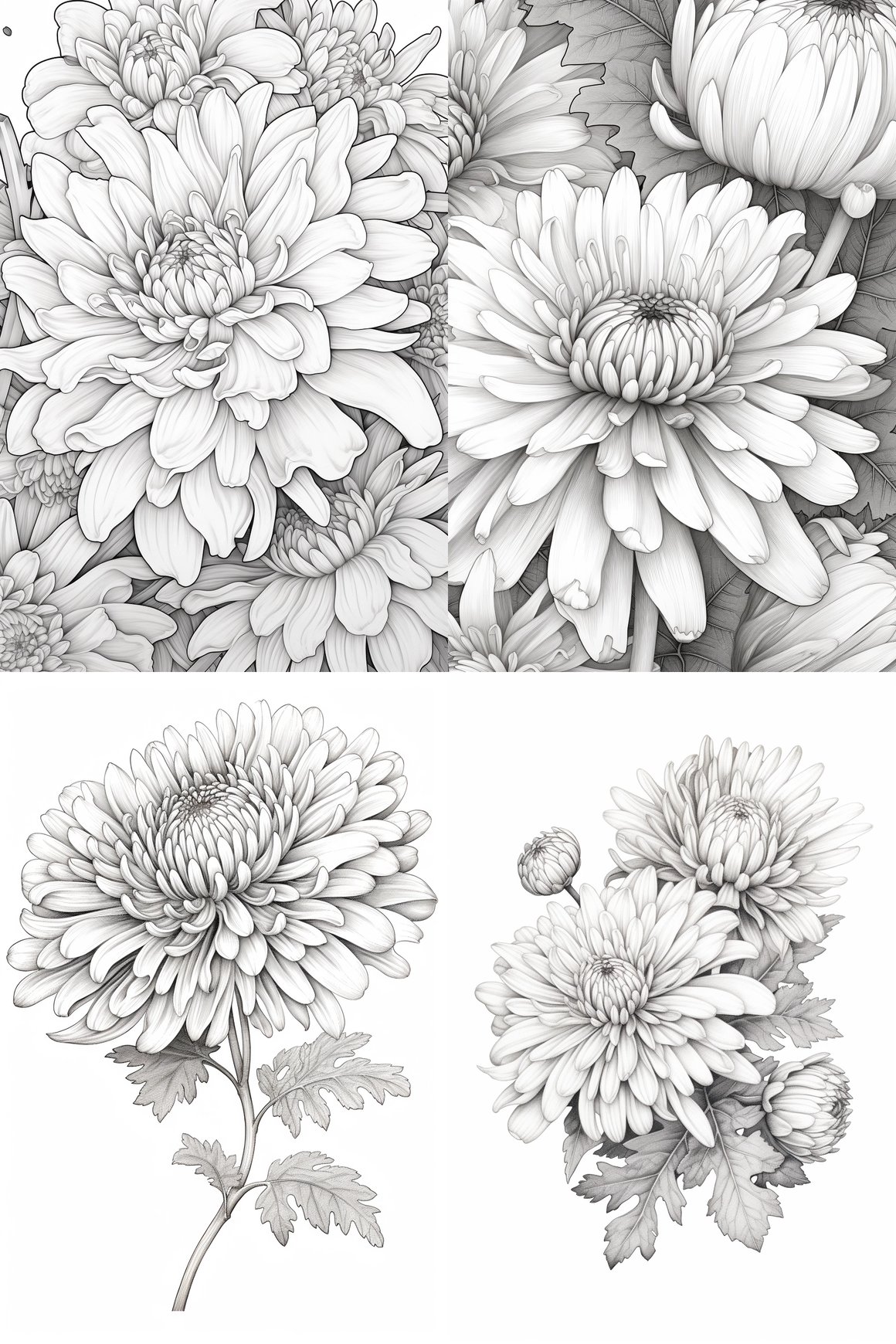 Chrysanthemum Fine Line Art Coloring Page - Mid Journey Prompt