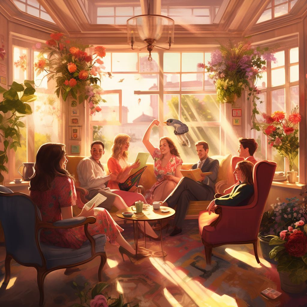 Midday Tea Party in a Sunlit Blossomed Room