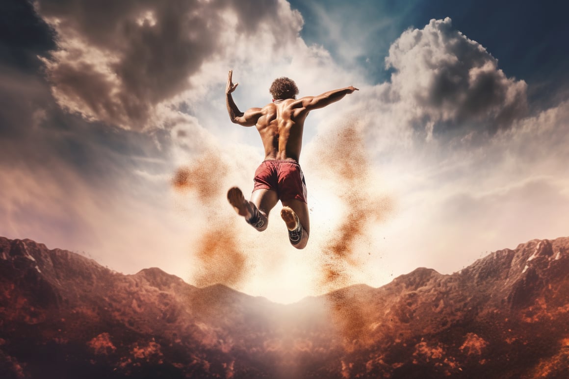 Athletic Soar: Mid-Marathon Runner in Flight