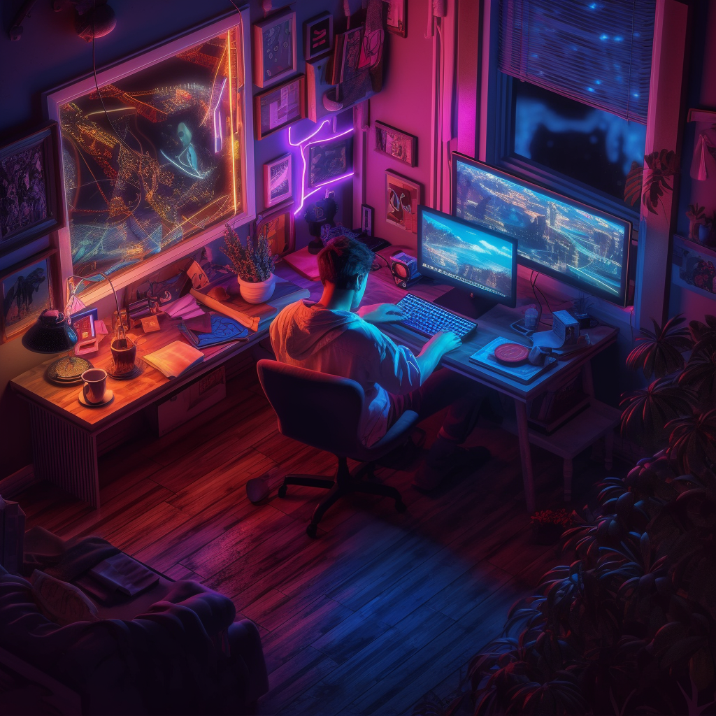 Neon Glow: Mid-Journey Digital Odyssey