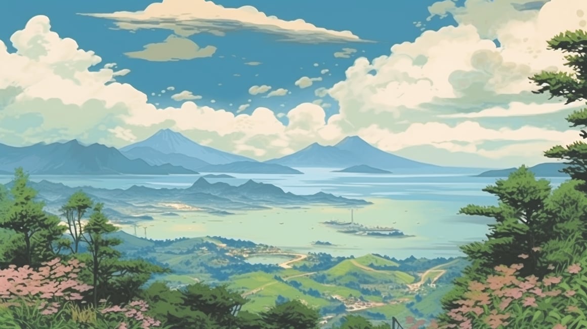 Summer Serenity: Hand-Drawn Japanese Mountain Seascape View