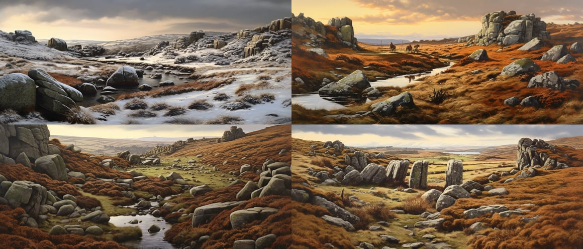 Detailed Artistic Journey Through Winter Dartmoor Moorlands at Hound Tor