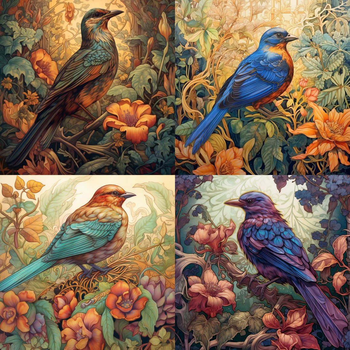 Detailed Journey with a Bird among Floral Splendor