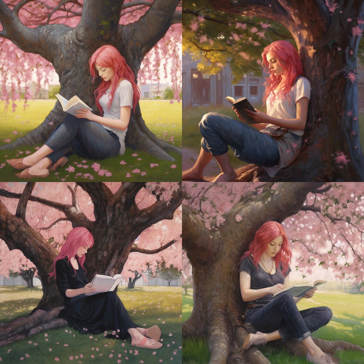 Midday Serenity: The Pink Haired Bookworm Under the Oak
