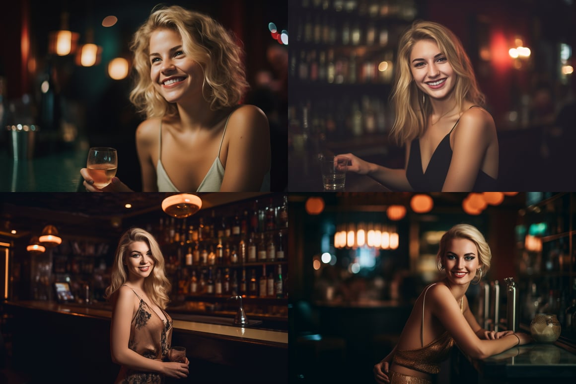 Midnight Elegance: Blonde Woman Enjoying Cocktail in Bar
