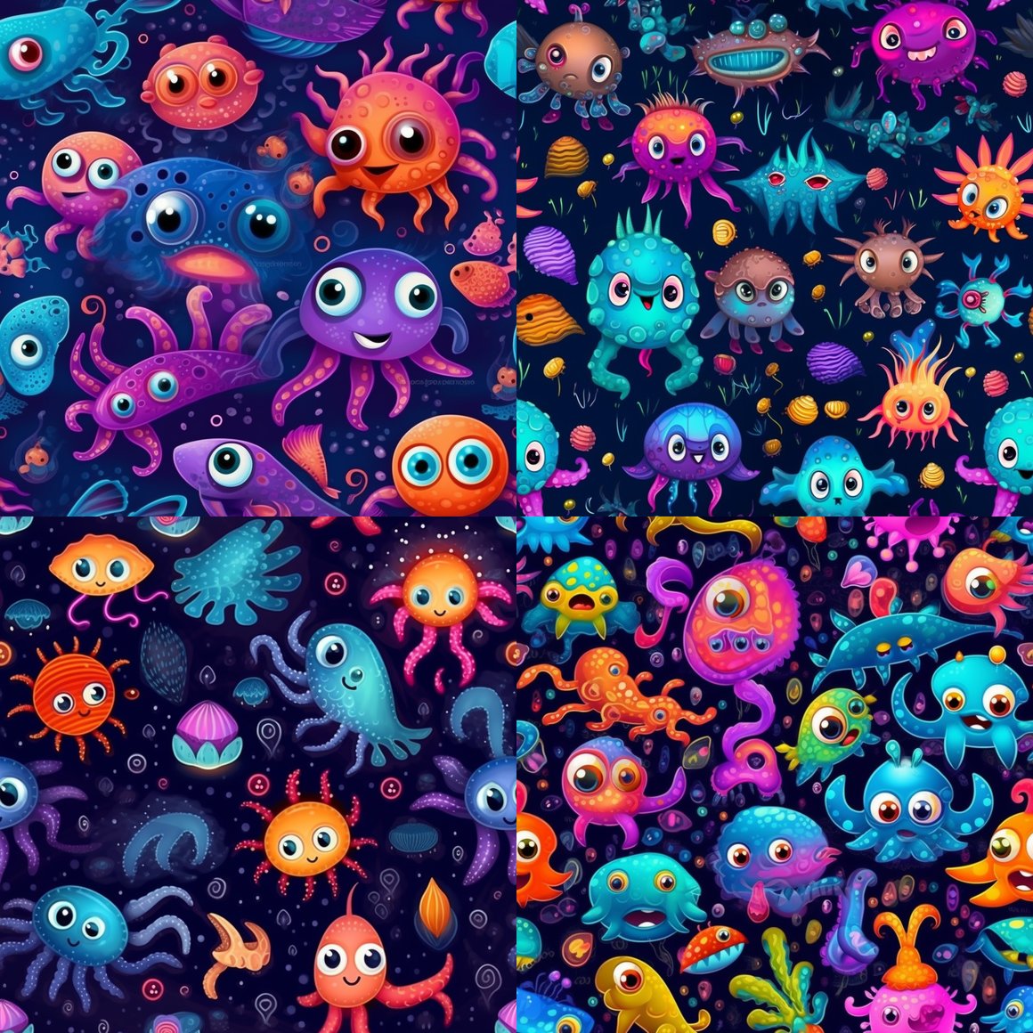 Neon Sea Creatures Digital Illustration
