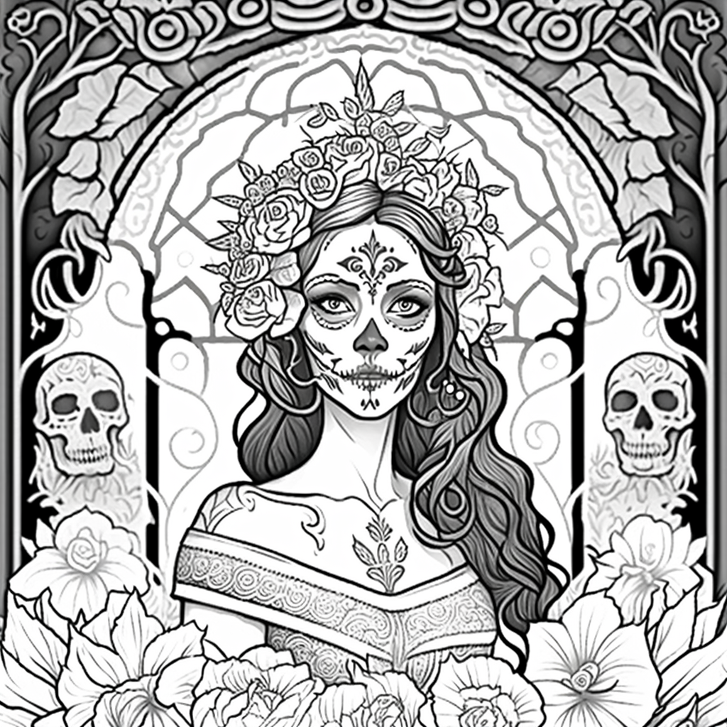 Detailed Dia de Los Muertos Adult Coloring Pages