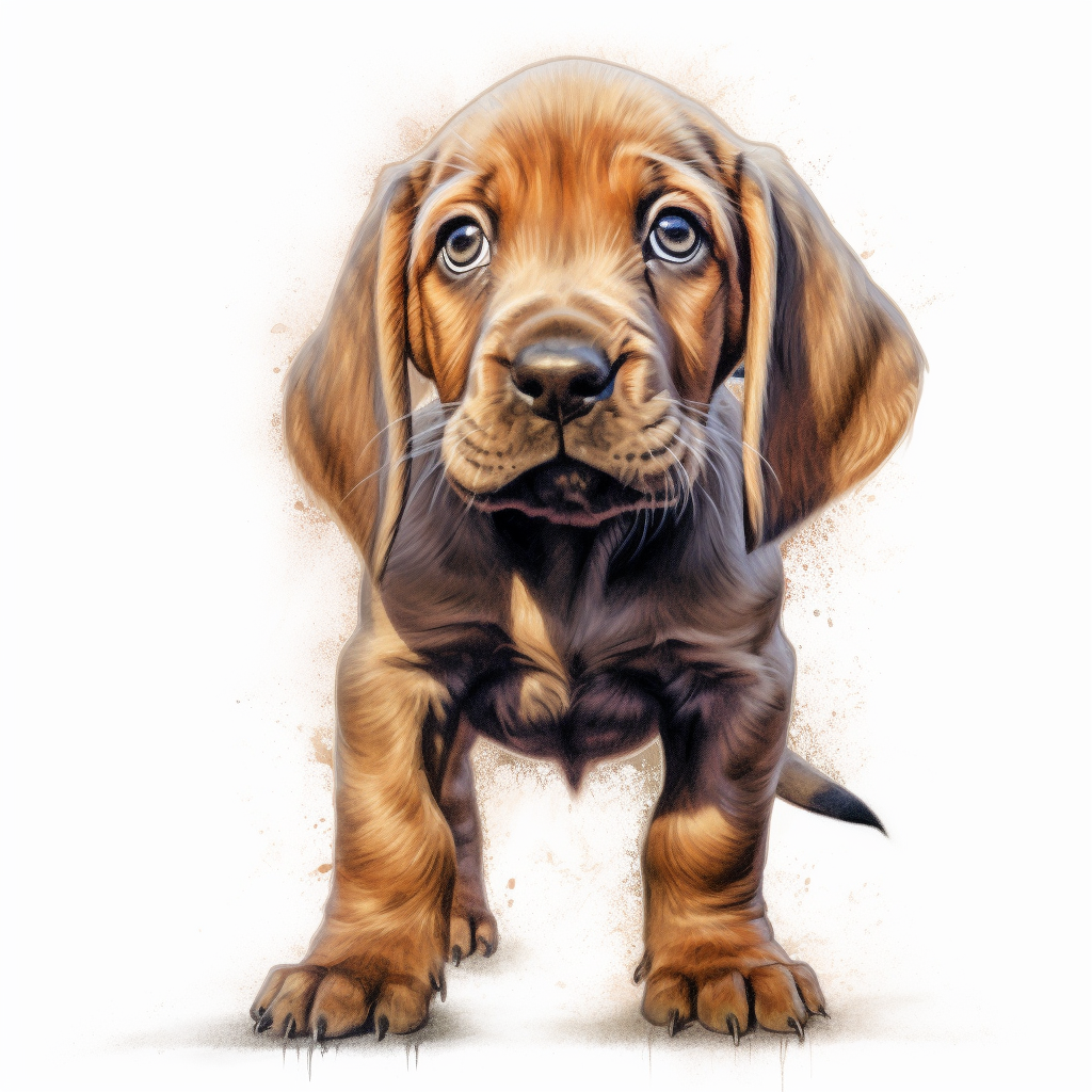Detail-Oriented Illustration of a Scruffy Baby Bloodhound in the Midst of its Journey