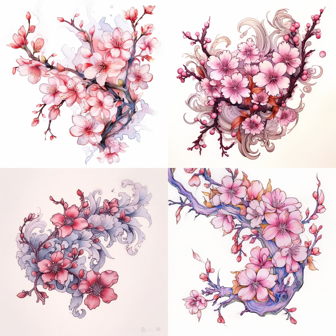 Baroque Sakura Blossom Tattoo Design in Watercolor Outline