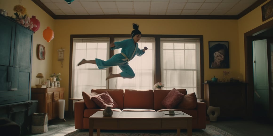 Cinematic Snapshot from 'A Woman Doing a Kung Fu Jump Kick in a Domestic Living Room'