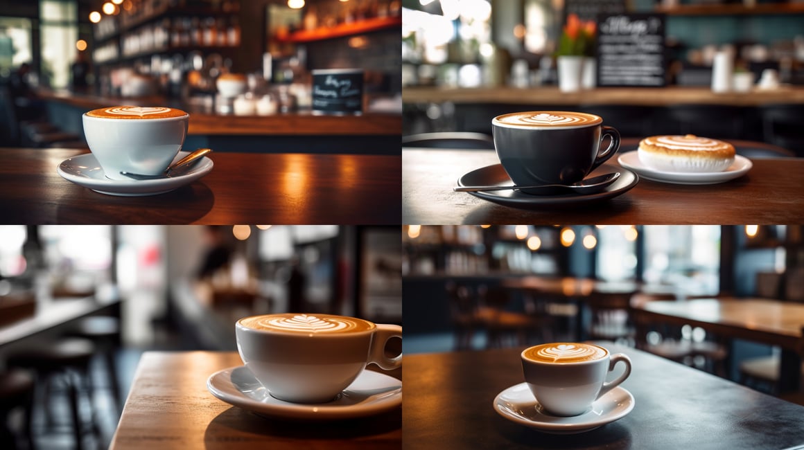 Midday Cafe Scene with Blank Chalkboard and Fresh Flat White Coffee