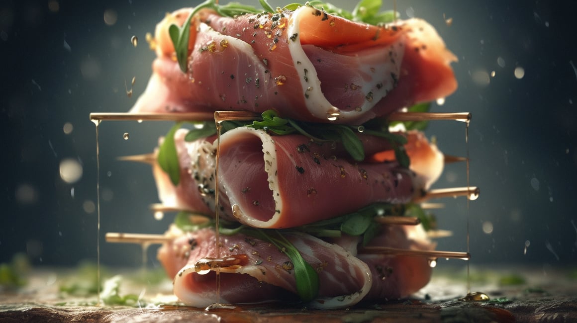 Cinematic Macro Photography of Duck Ham and Arugula Skewer