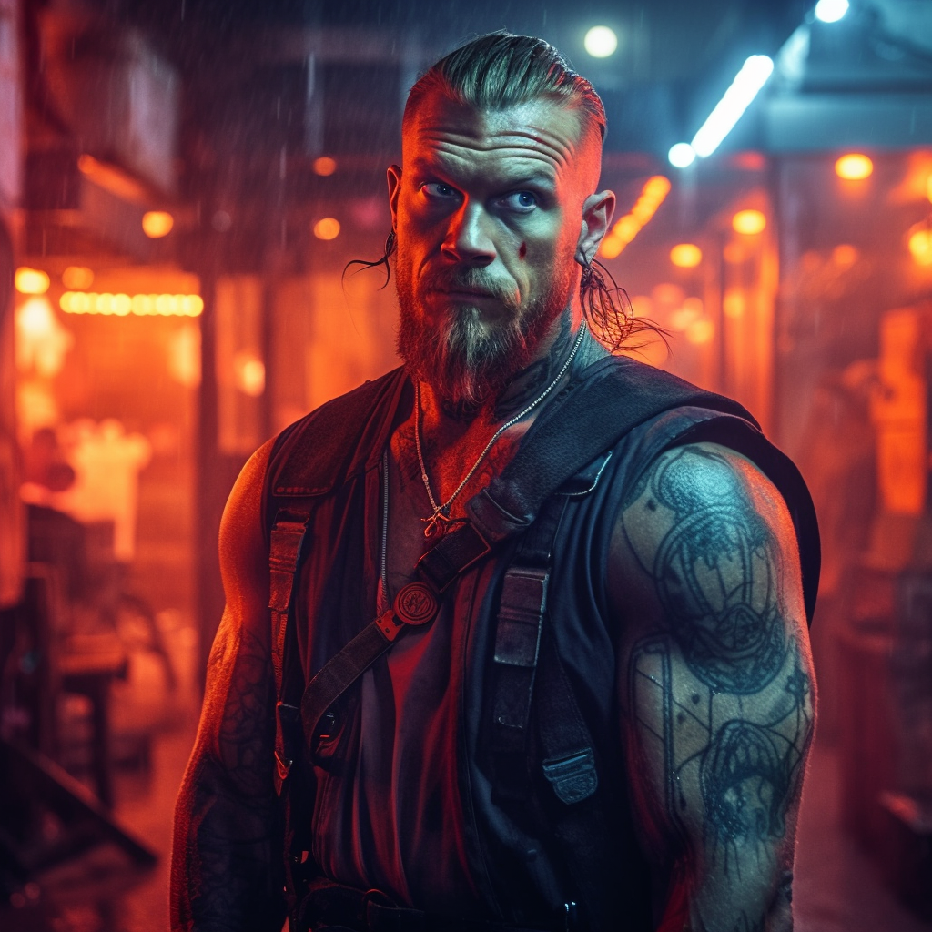 Raw Grit: Cyberpunk Viking Alleyway Encounter