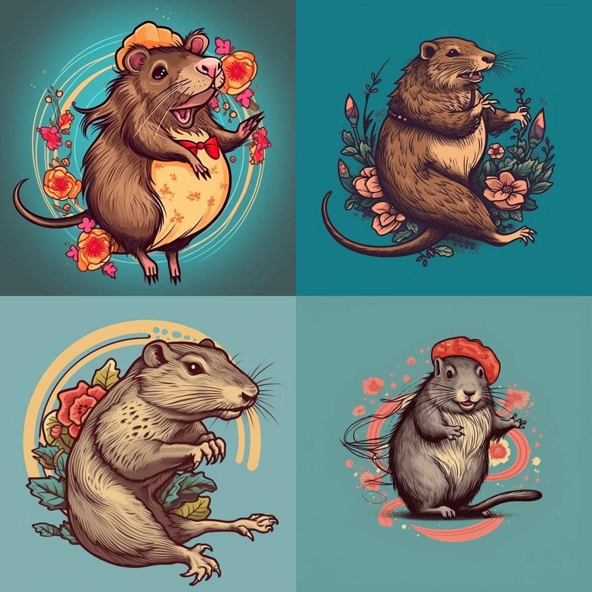 Neo-Traditional Tattoo Style Nutria Animal with Pin Up Scarf Dancing, 8K High Definition mid-journey Image - Version 5