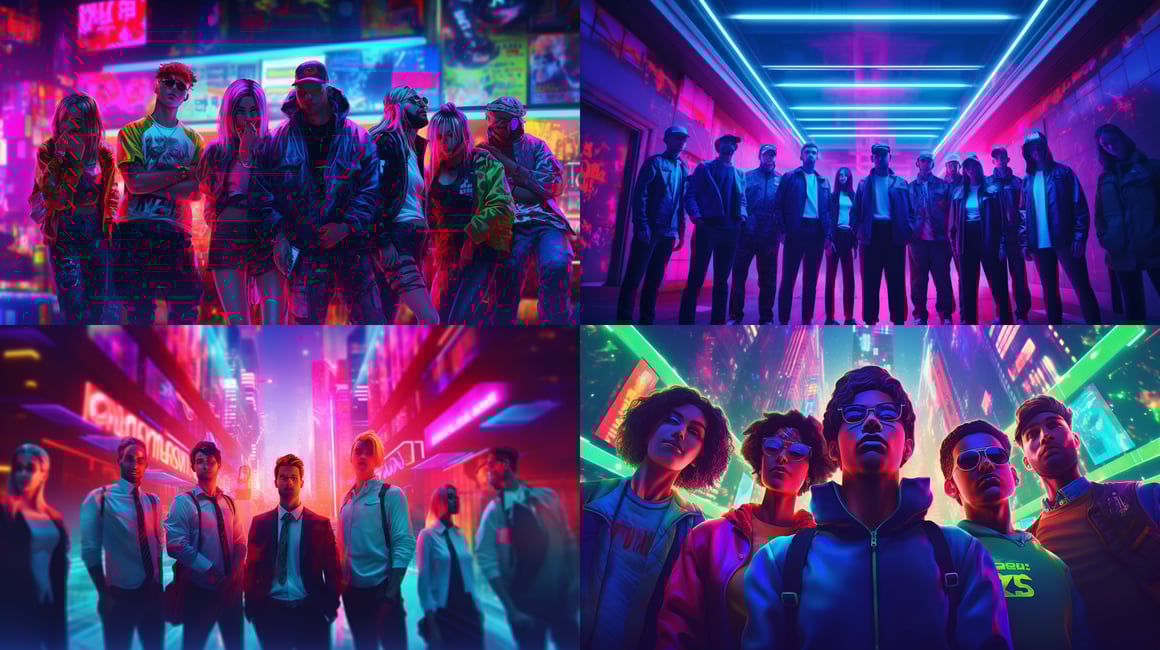 Neon Adventure: Mid-Journey Group Snapshot in HD