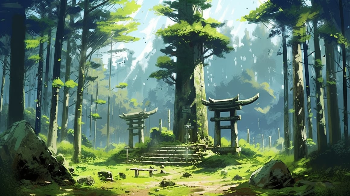 Summer Tranquility: A Mossy Shrine Amidst the Pines