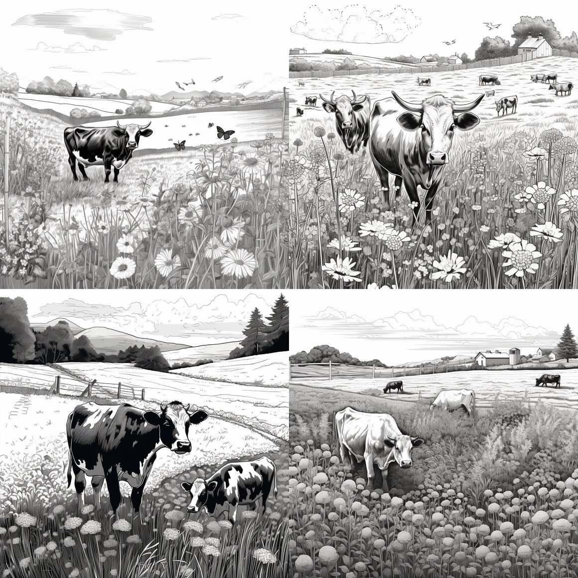 Detailed Line Art of Grazing Cows