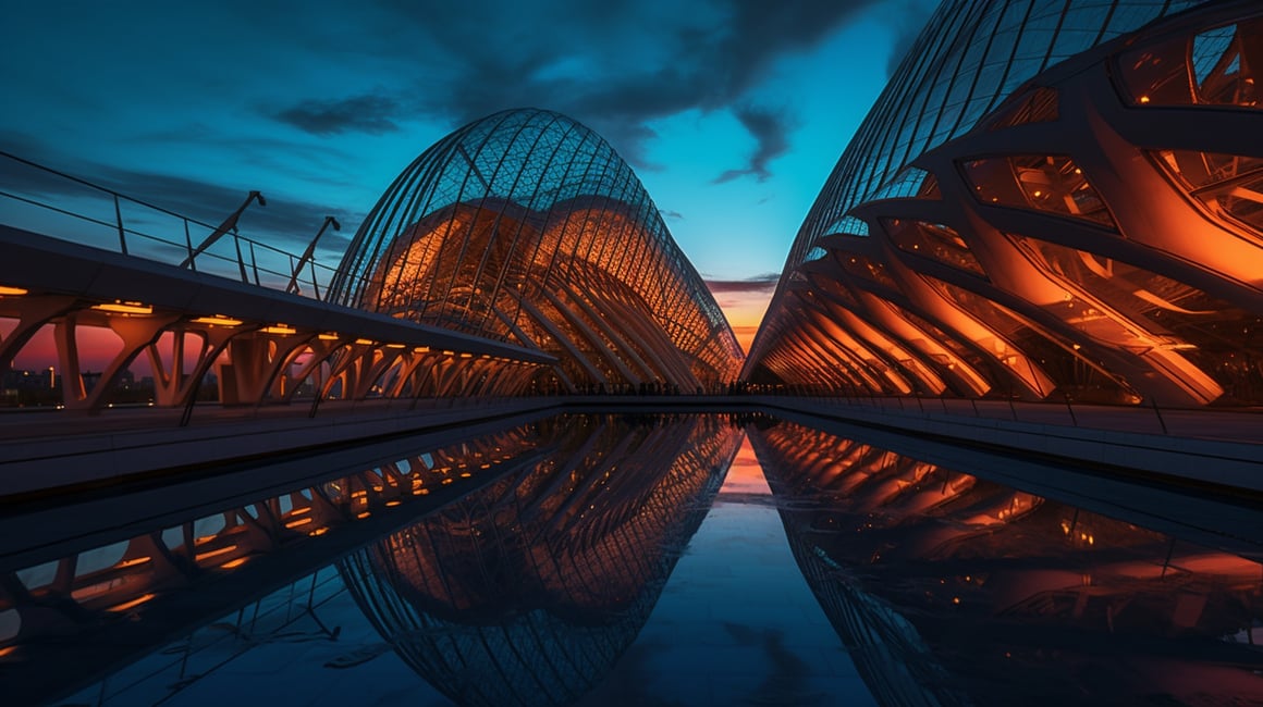 Neon Blue Edifice Against an Orange Sunset Sky